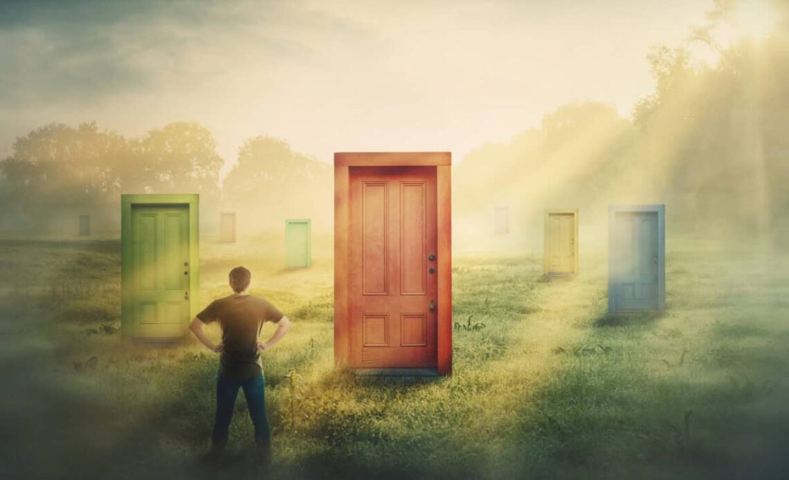 Canadian investor contemplating U.S. stocks with multiple doors to choose from.