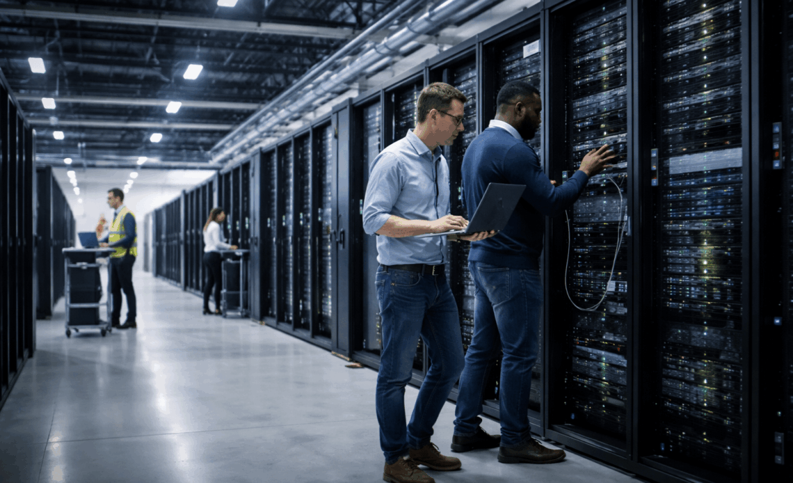 Experts checking Coreweave servers on data center