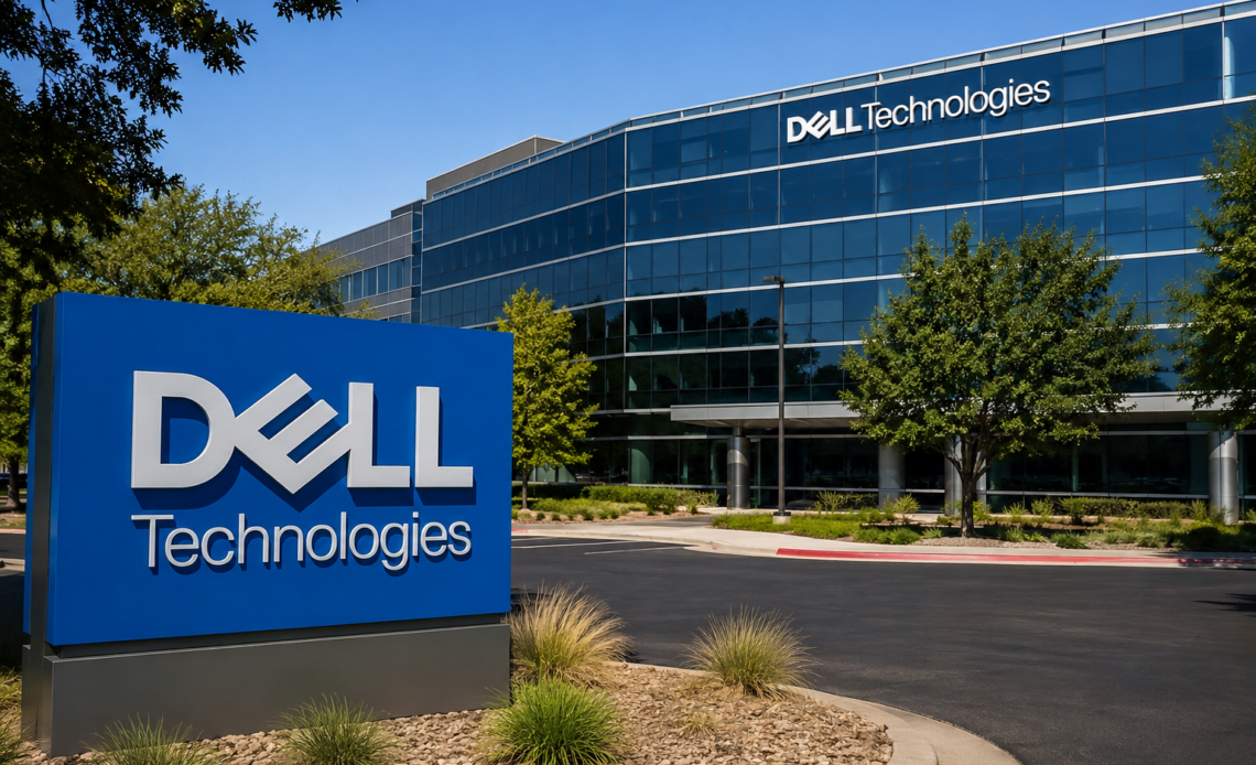 Dell Technologies logo outside a modern glass-fronted corporate office