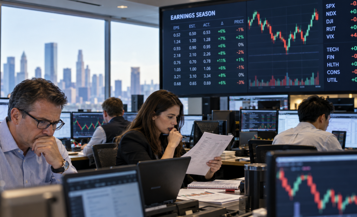 Wall Street analysts review earnings reports and market screens during a busy US earnings season.