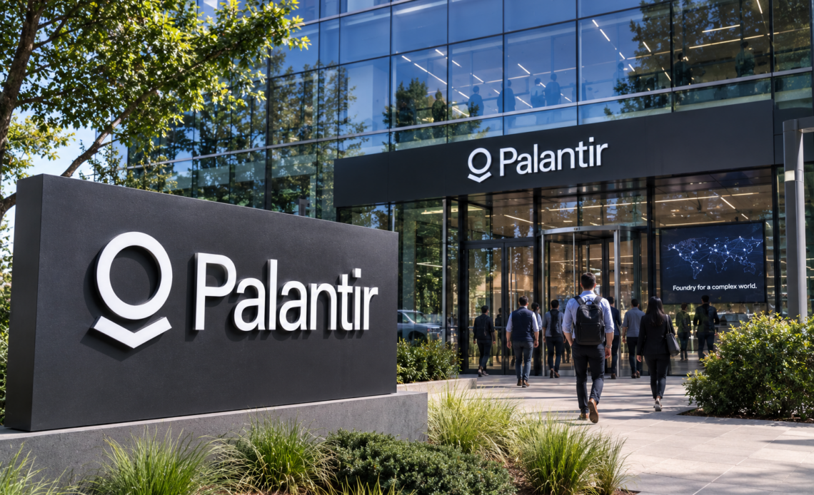 Palantir office exterior with the company’s name displayed prominently on a modern corporate building.
