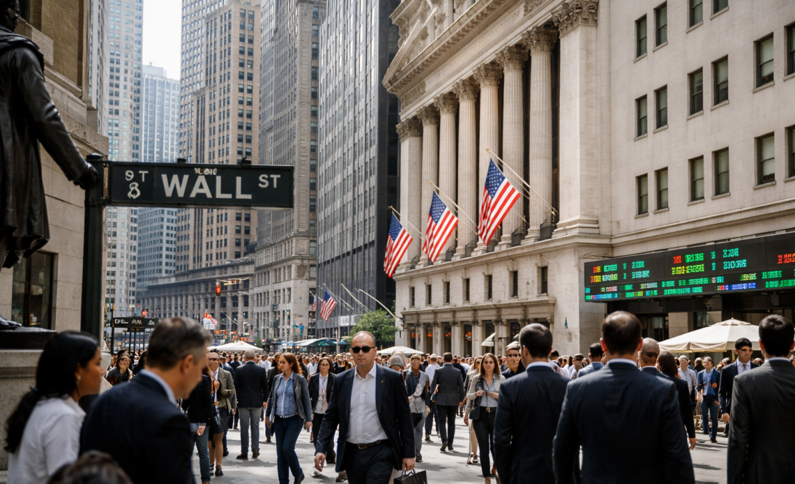 Crowds walk through Wall Street beside the New York Stock Exchange and its American flags.